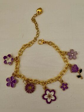 Gold-Tone Purple Flower Charm Bracelet